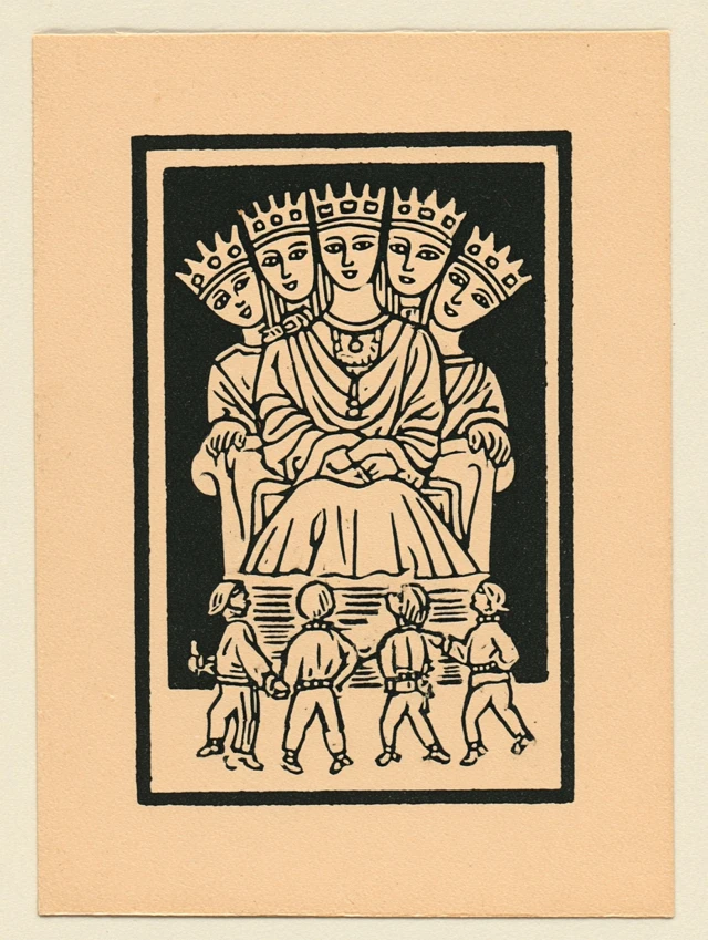 Tarot Card Queen with Three Heads Tiny Men Bowing