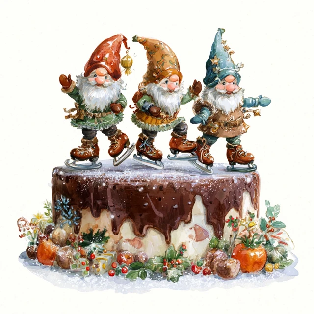 Christmas Gnomes Ice Skating on Cake Watercolor