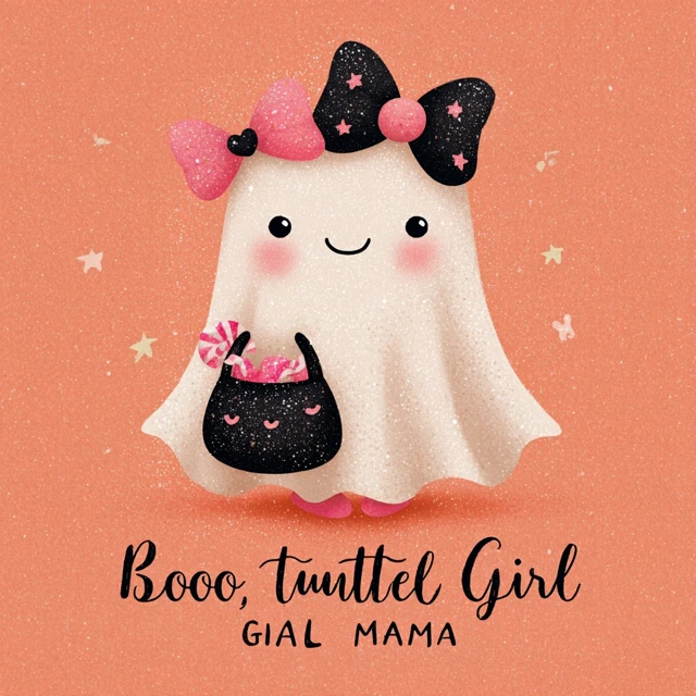 Cute Halloween Ghost Girl with Bows and Candy