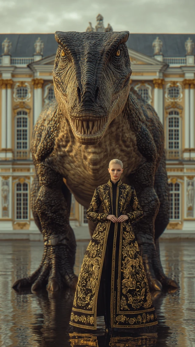 Versace Woman and Dinosaur Regal Portrait
