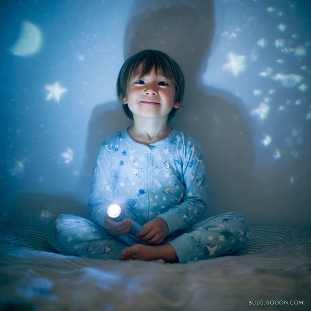 Boy with Flashlight in Starry Room