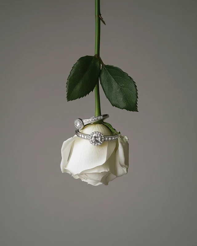 Diamond Rings on White Rose Product Photography