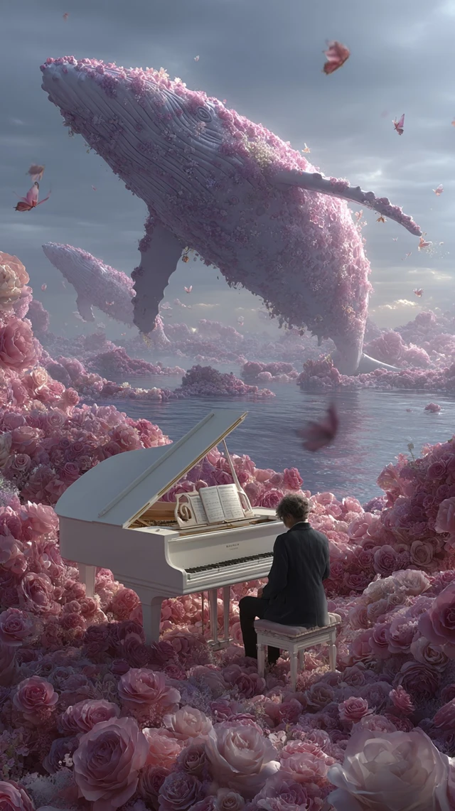 Surreal Dreamscape Whales Piano Flowers 3D