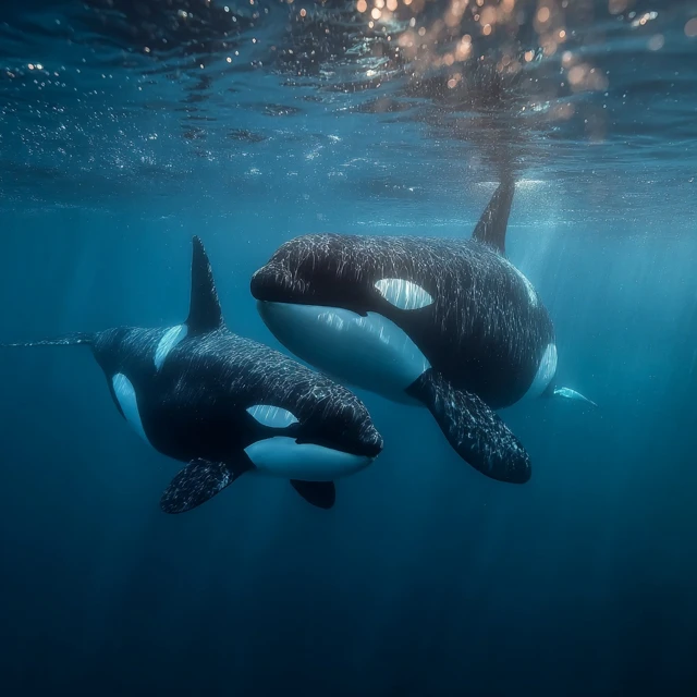 Orca Mother and Baby Underwater Scene