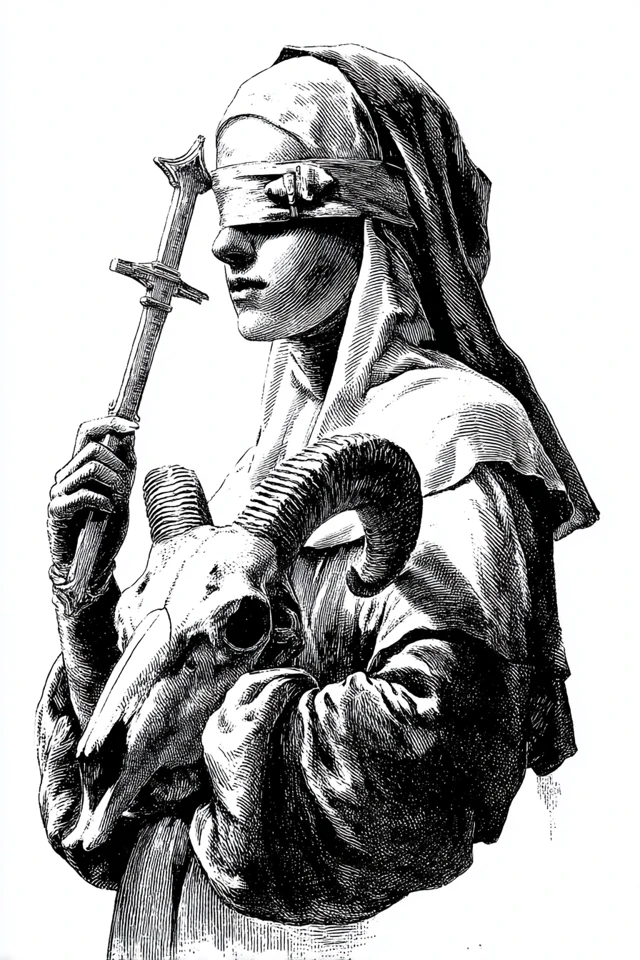 Blindfolded Nun with Ram Skull Black and White Art
