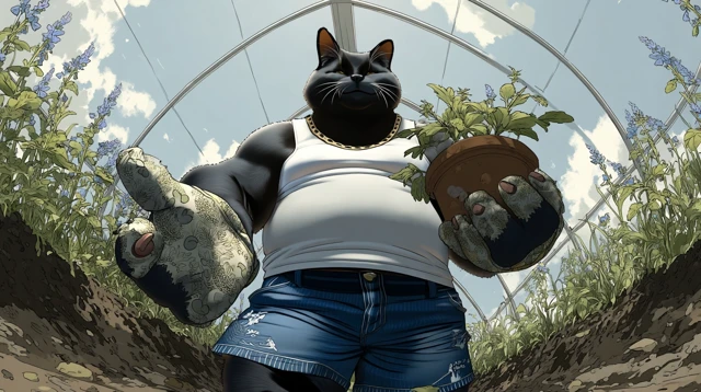 Black Cat Gardener Repotting Plants in a Greenhouse