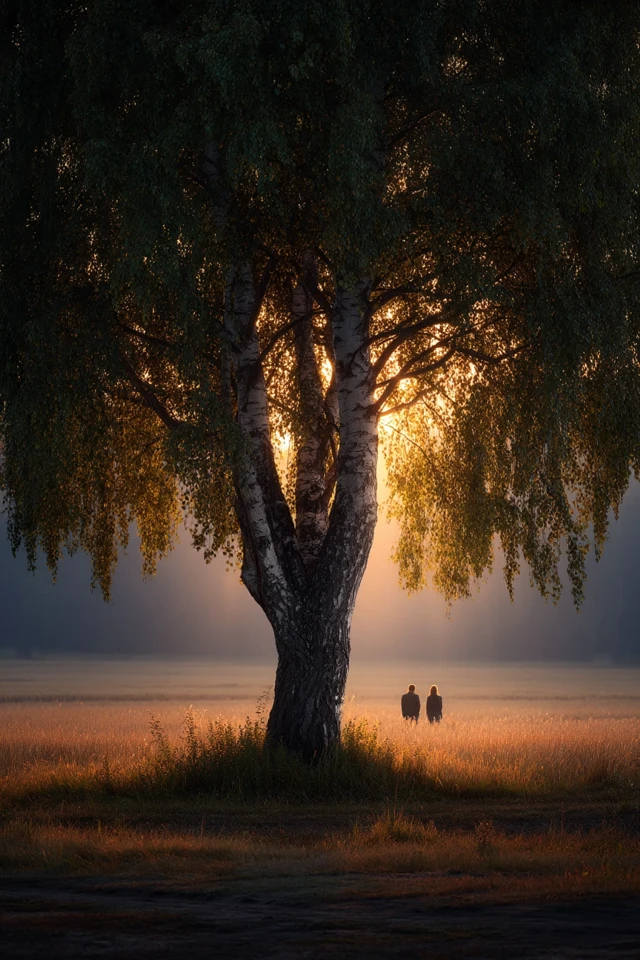 Birch Tree Summer Sunset Couple