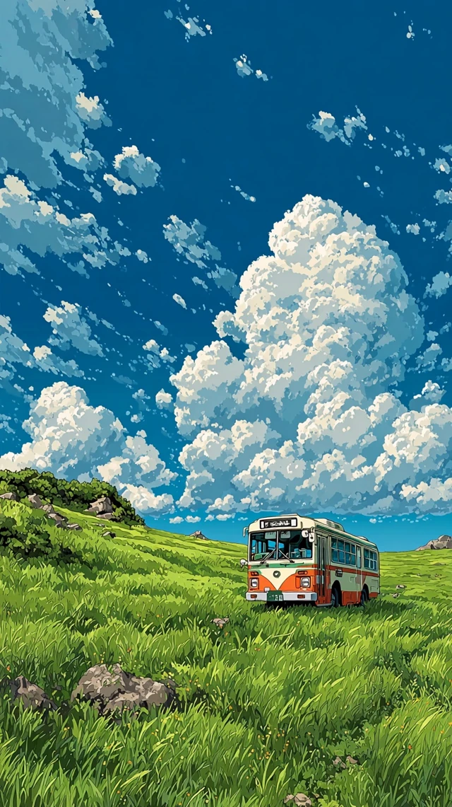 Anime Bus in a Green Field Tranquil Landscape