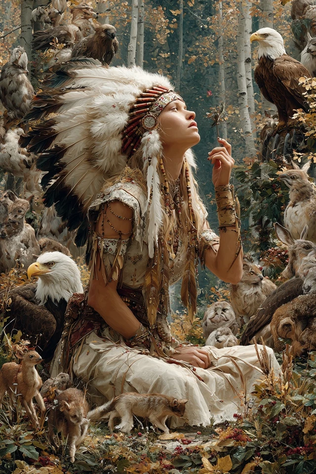 Native American Woman Eagle Headdress Forest