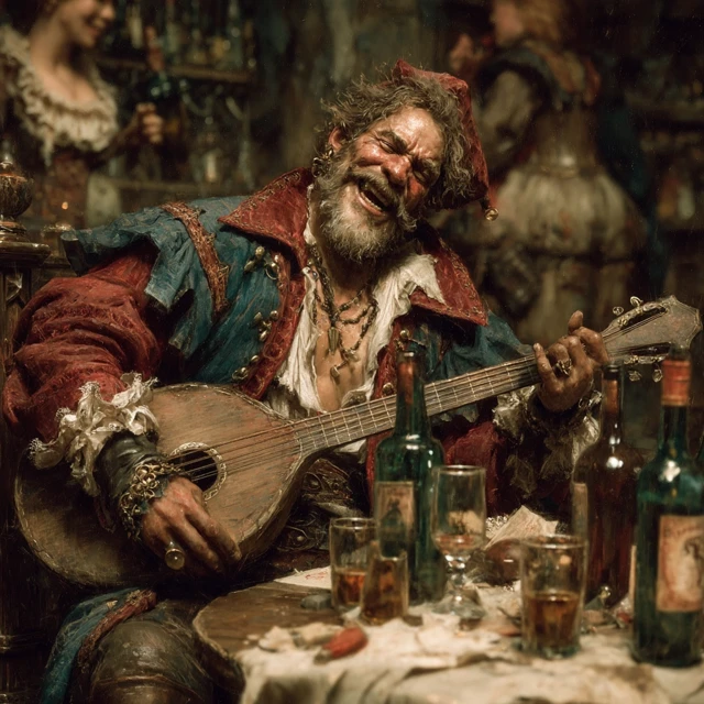 Medieval Minstrel in a Tavern with Lute Smiling