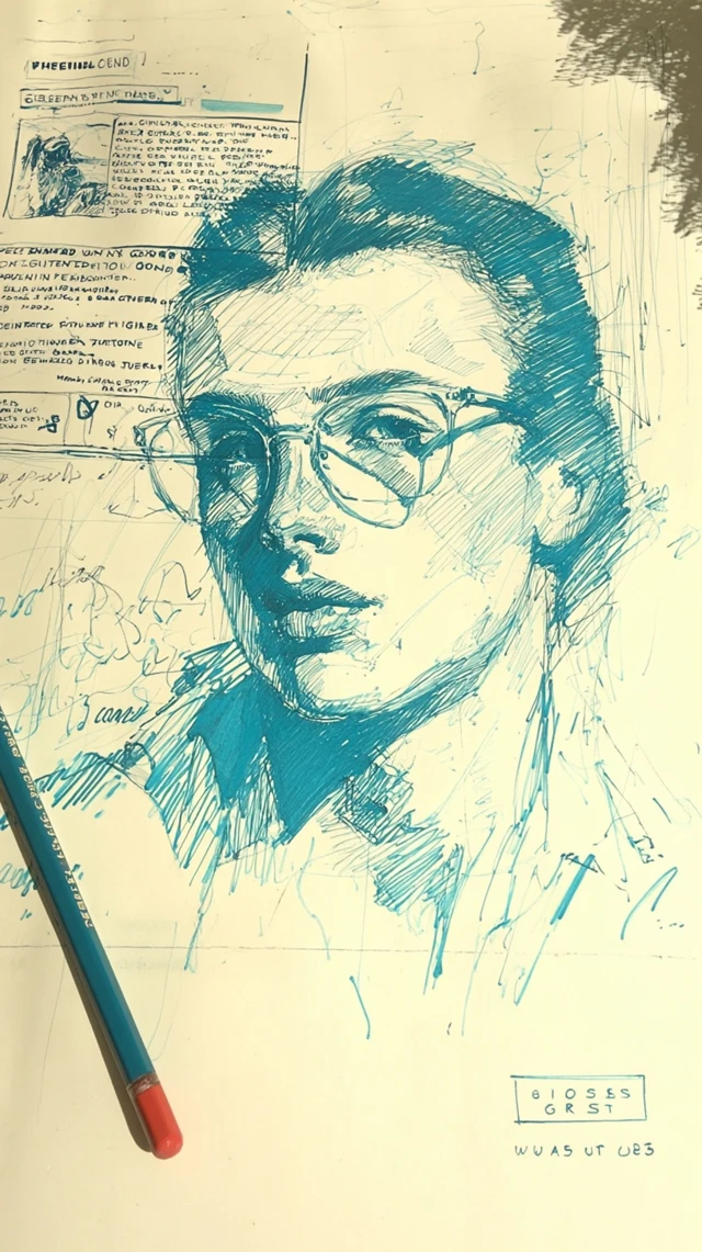 Sketch of Woman with Glasses Portrait Illustration