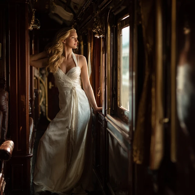 Woman in Elegant Train Car Travel Photography