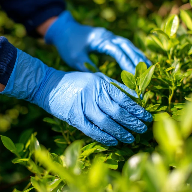 Gardening Hands in Blue Gloves Sunlight Greenery