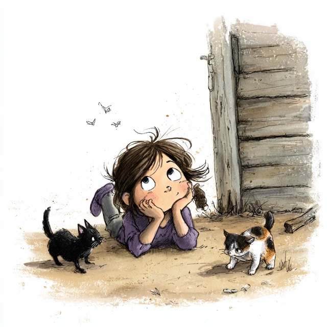 Girl and Cats Cartoon Illustration