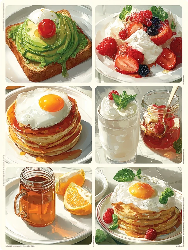 Breakfast Food Illustrations: Avocado Toast and Pancakes