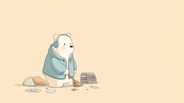 Cartoon Bear Sweeping with Headphones Illustration