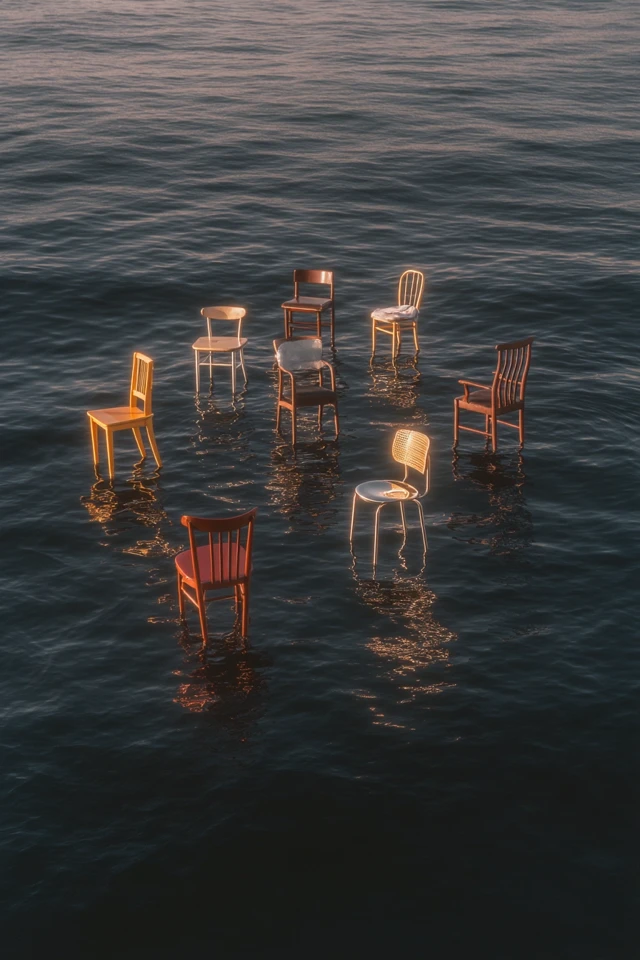 Designer Chairs on Ocean: Dreamlike Abstract Scene