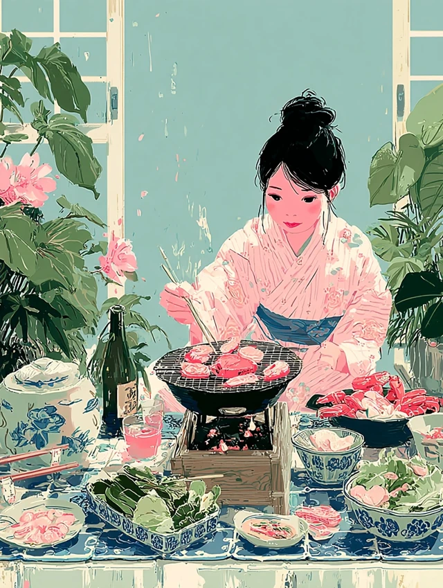 Japanese Ryokan Dinner Illustration