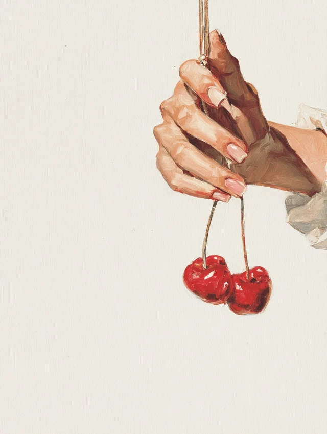 Vintage Pulp Art Hand Holding Cherries Close Up