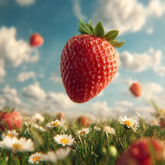Juicy Strawberry Hovering Over a Flower Field Photo