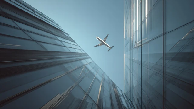 Airplane over Modern Building