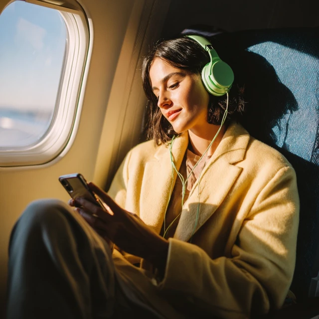 Woman on Airplane Listening to Music