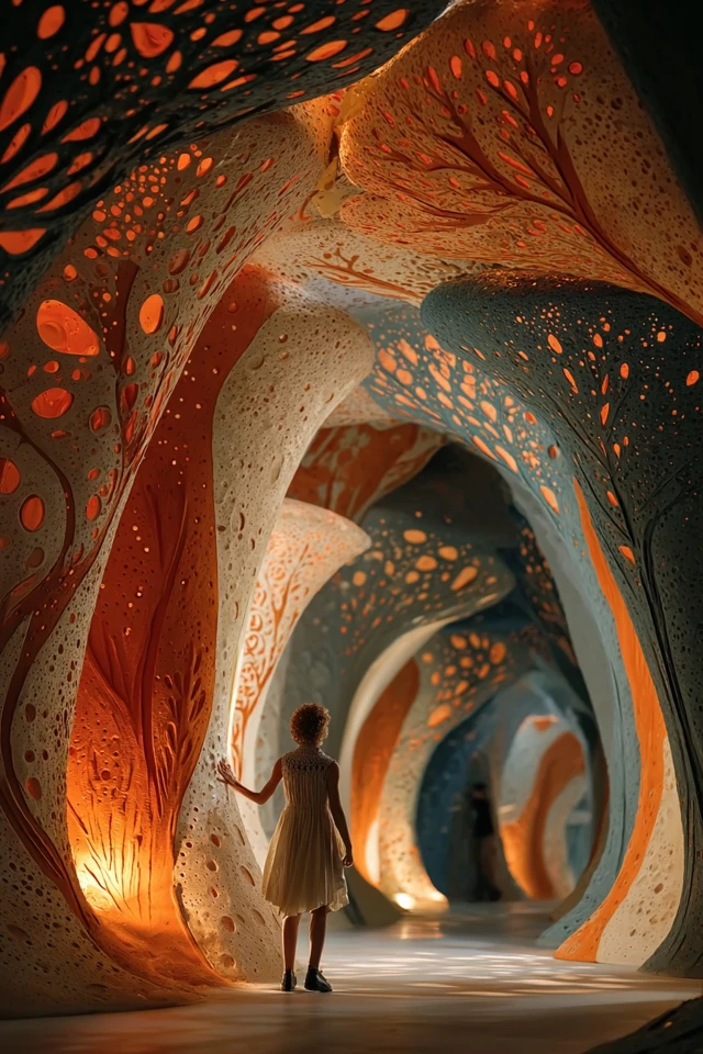 Girl in Mushroom Tunnel Exploring a Bioluminescent World