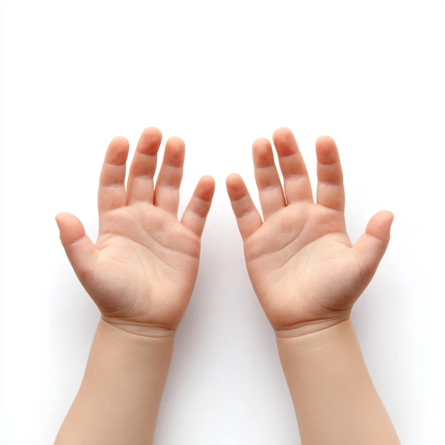 Childs Hands Top View on White Background