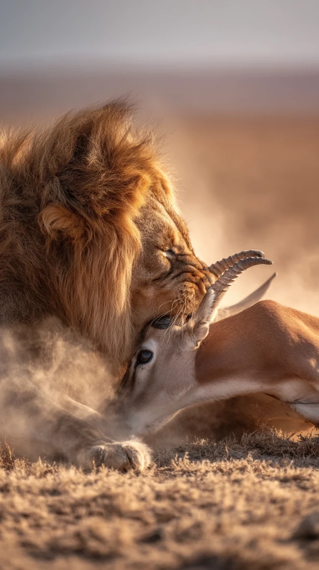 Lion Attacks Gazelle on the Savannah Dramatic Close Up