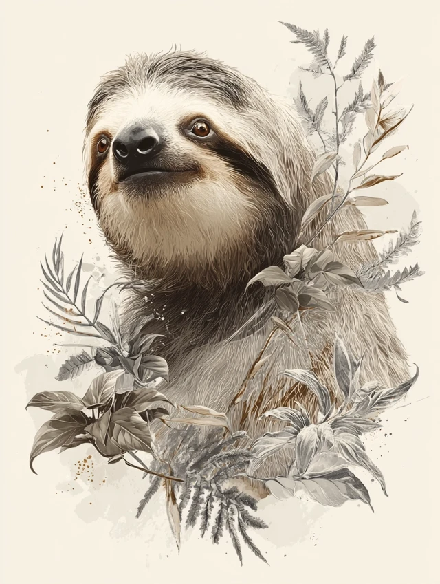 Illustrated Sloth Art 8k White Background