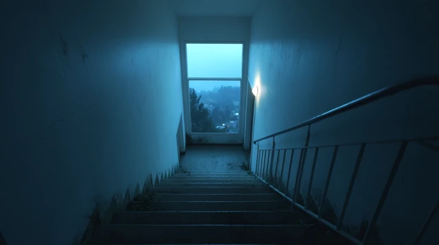 Dimly Lit Staircase at Night Cinematic Scene