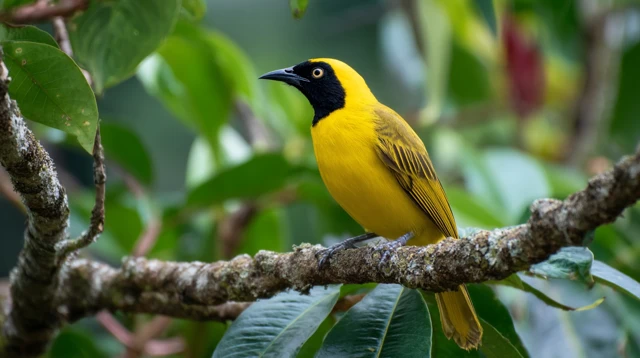 Black Crowned Yellow Bird on Branch in Lush Foliage