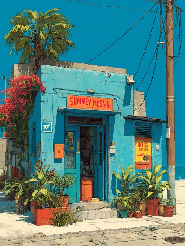 Beach Shop Summer Nostalgia Palm Trees Illustration