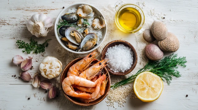Fresh Paella Ingredients on White Surface