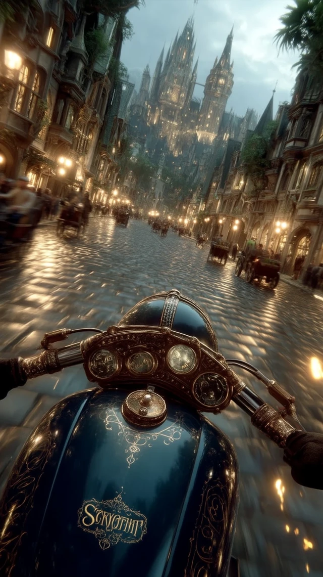 Fantasy Motorcycle Ride Through a Glowing City at Dawn