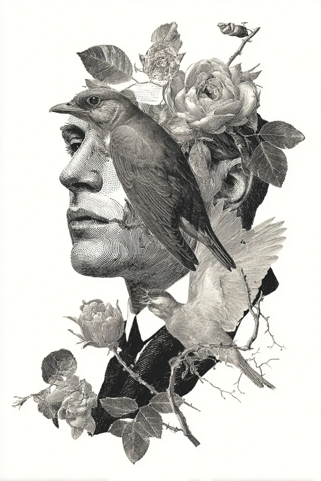 Vintage Gentleman with Bird and Flowers Art