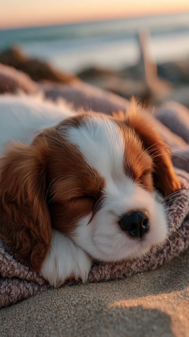 Sleeping Cavalier King Charles Spaniel Puppy on Beach