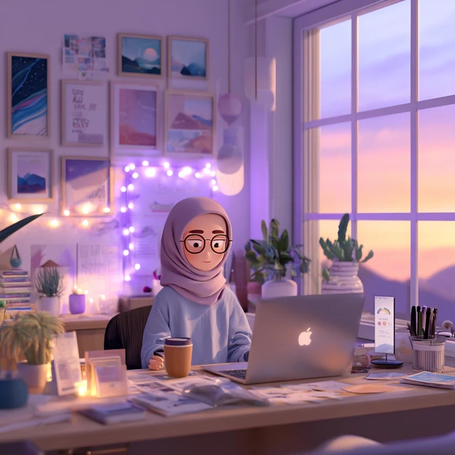 3D Pixar Woman Working at Desk with Sunset View