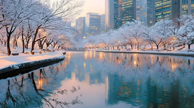 Seokchon Lake Seoul Winter Watercolor Painting