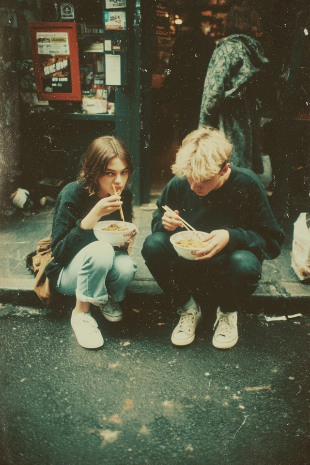 Couple Eating Ramen Street Scene Vintage Aesthetic