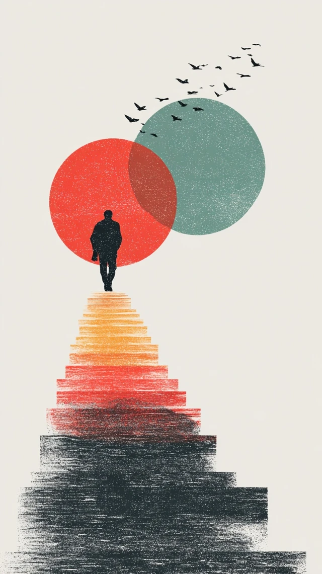 Minimalist Art Man Climbing Stairs Birds Pastel Colors