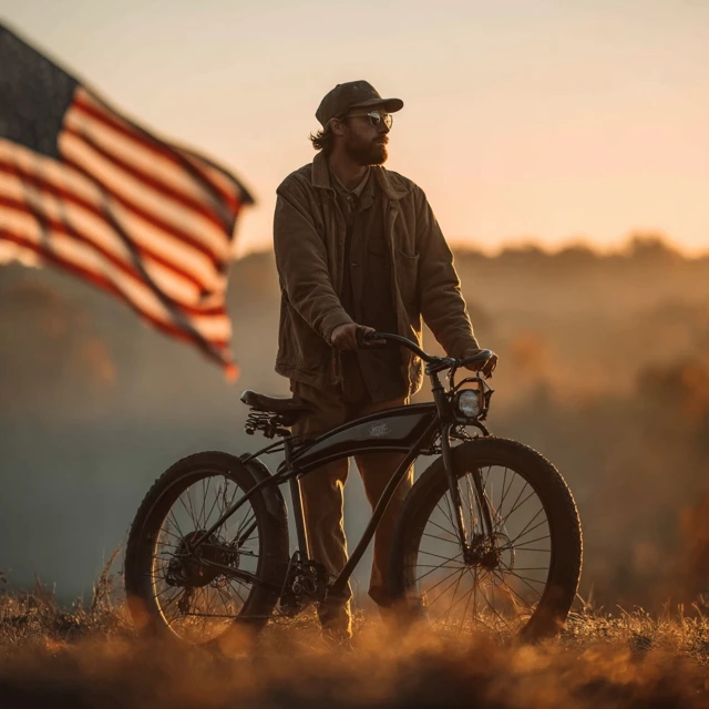 American Patriot on Vintage Electric Bike Outdoors