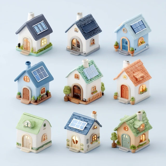 3D Cartoon Houses with Solar Panels Emoji Style