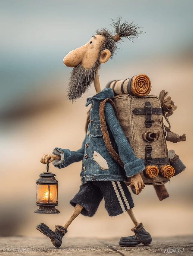 Stylized Cartoon Man with Backpack in Meadow