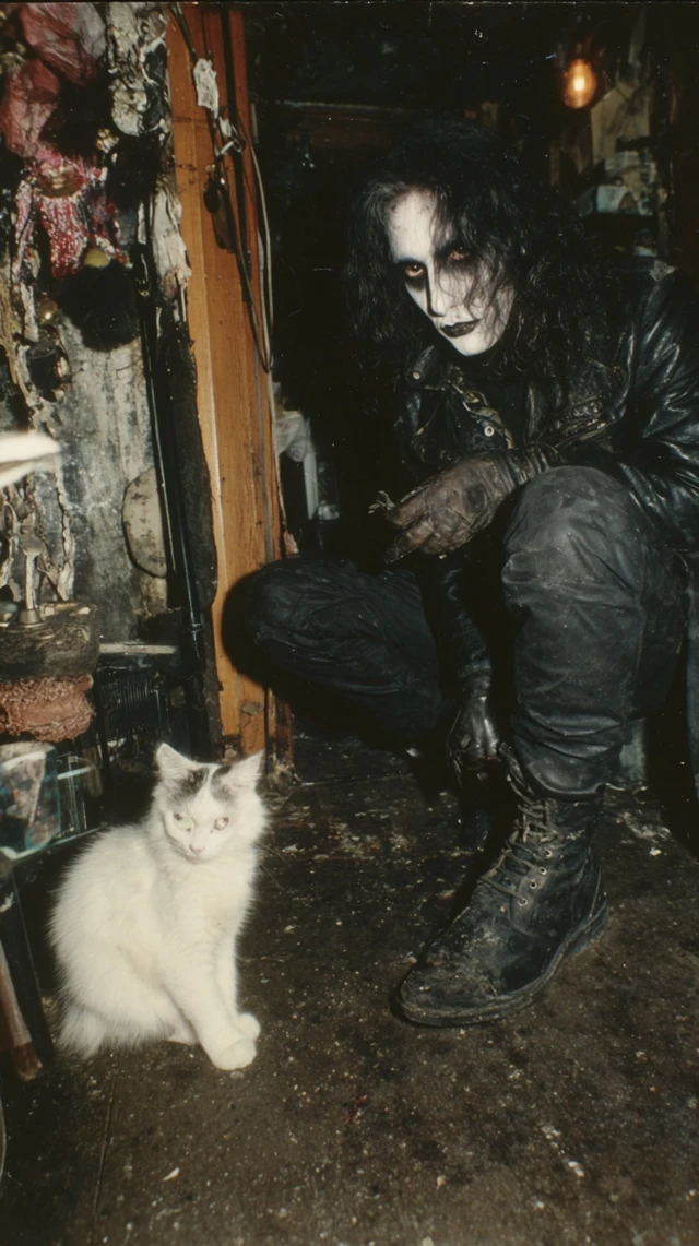 Gothic Man in Leather Jacket with Cat 1983 Polaroid