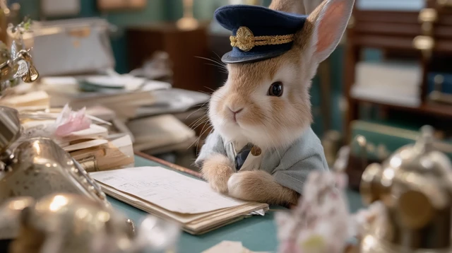 Cute Bunny in Uniform Answering Phone