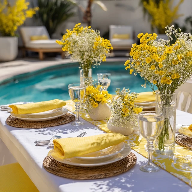 Backyard Poolside Table Setting with Flowers