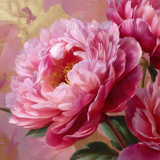 Peony Painting Close Up Pink and Gold Details