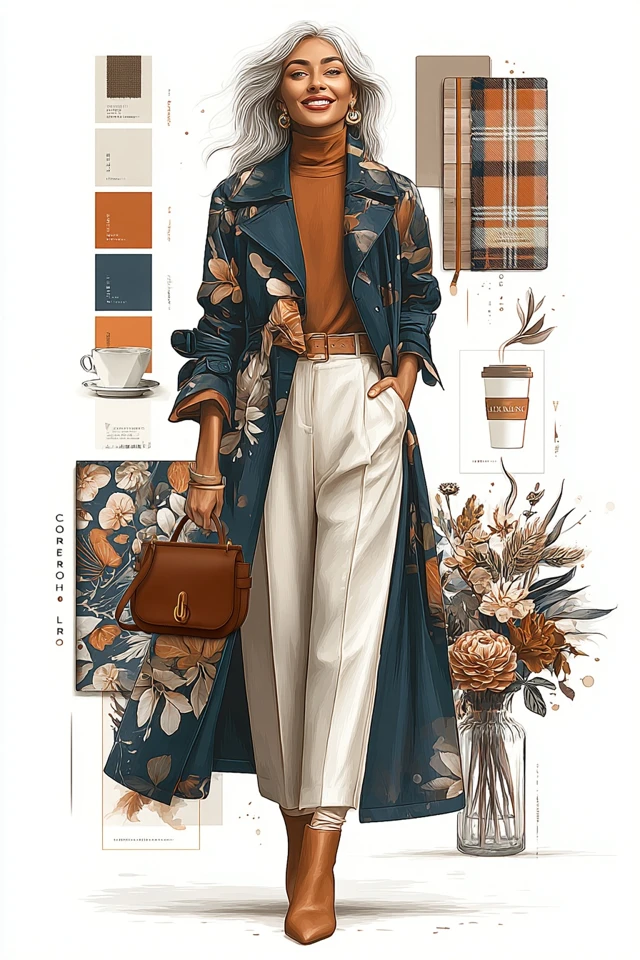 Autumn Fashion Illustration Floral Trench Coat