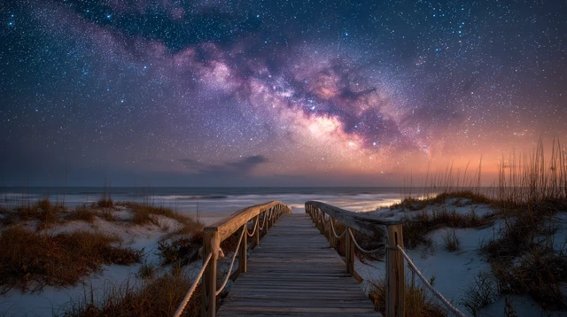 Boardwalk Under the Milky Way at Night